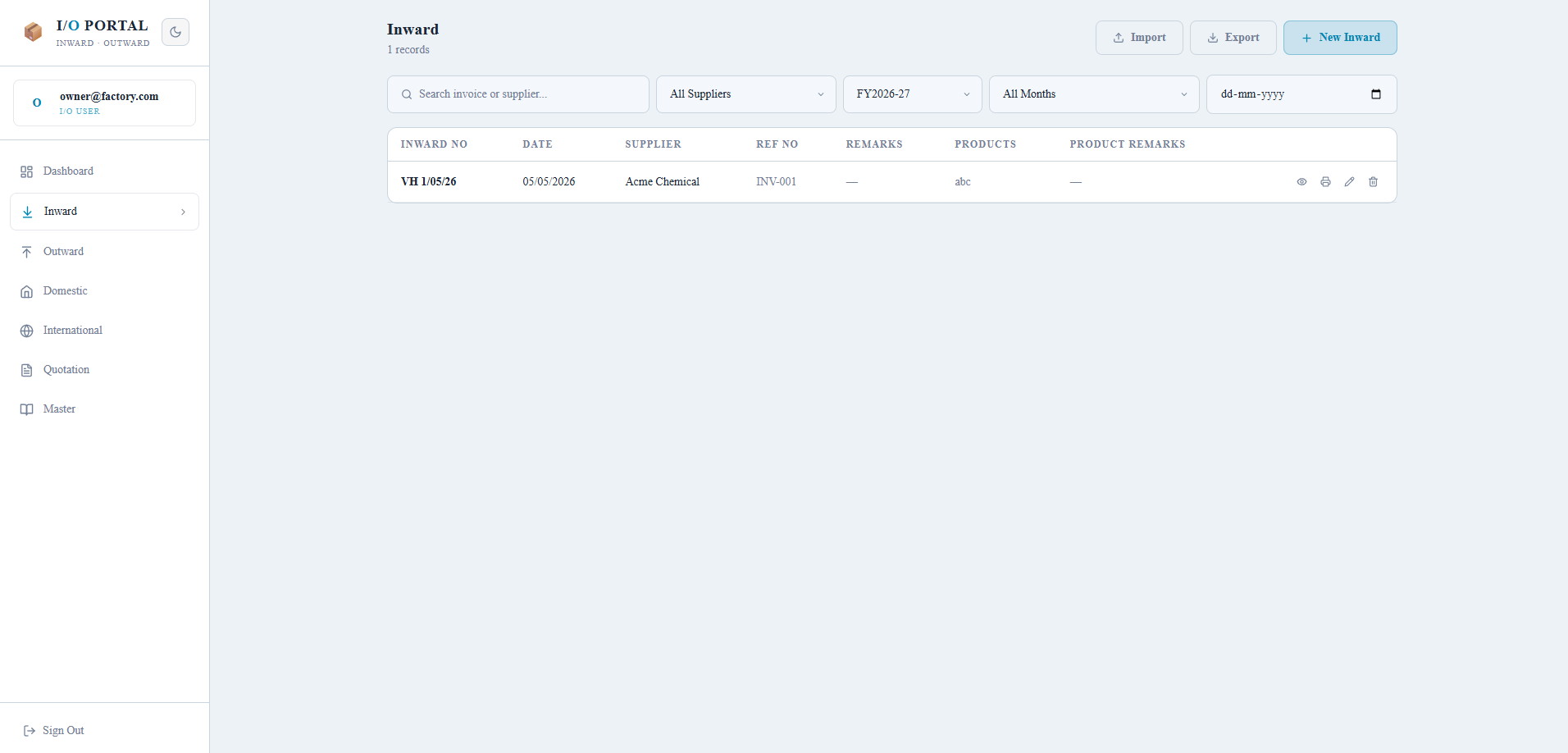 Inward listing screen